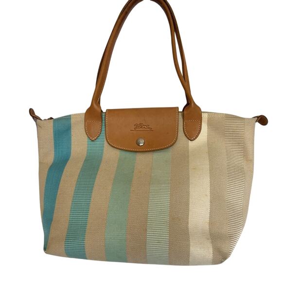 Longchamp Striped Tote with Tan Leather Handles - Picture 1 of 9